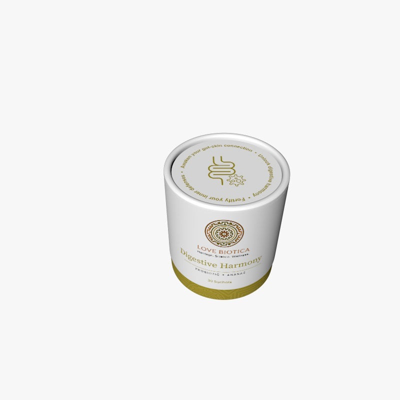 Digestive harmony White container with gold text and logo on a white background